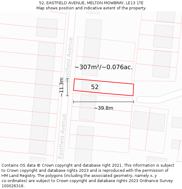 52, EASTFIELD AVENUE, MELTON MOWBRAY, LE13 1TE: Plot and title map