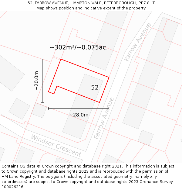 52, FARROW AVENUE, HAMPTON VALE, PETERBOROUGH, PE7 8HT: Plot and title map