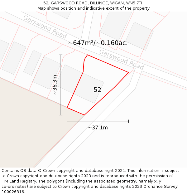 52, GARSWOOD ROAD, BILLINGE, WIGAN, WN5 7TH: Plot and title map