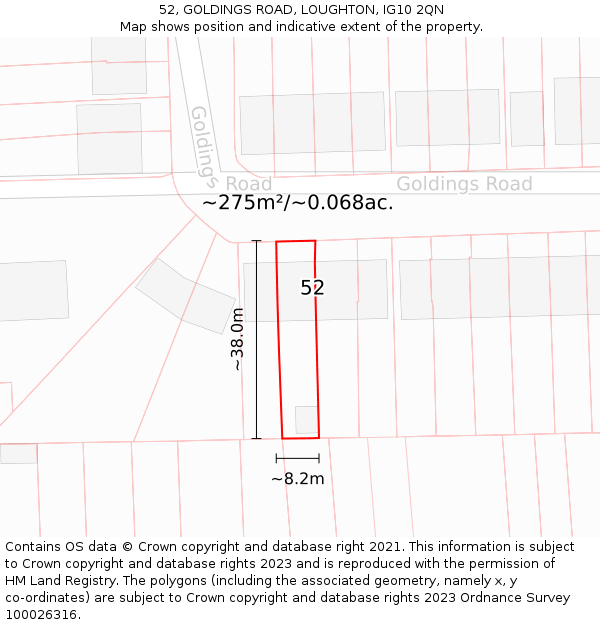 52, GOLDINGS ROAD, LOUGHTON, IG10 2QN: Plot and title map