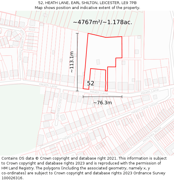 52, HEATH LANE, EARL SHILTON, LEICESTER, LE9 7PB: Plot and title map