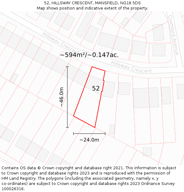 52, HILLSWAY CRESCENT, MANSFIELD, NG18 5DS: Plot and title map