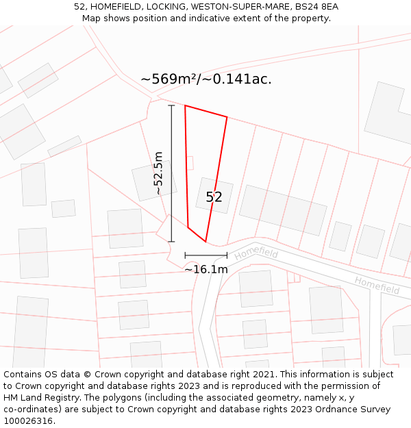 52, HOMEFIELD, LOCKING, WESTON-SUPER-MARE, BS24 8EA: Plot and title map