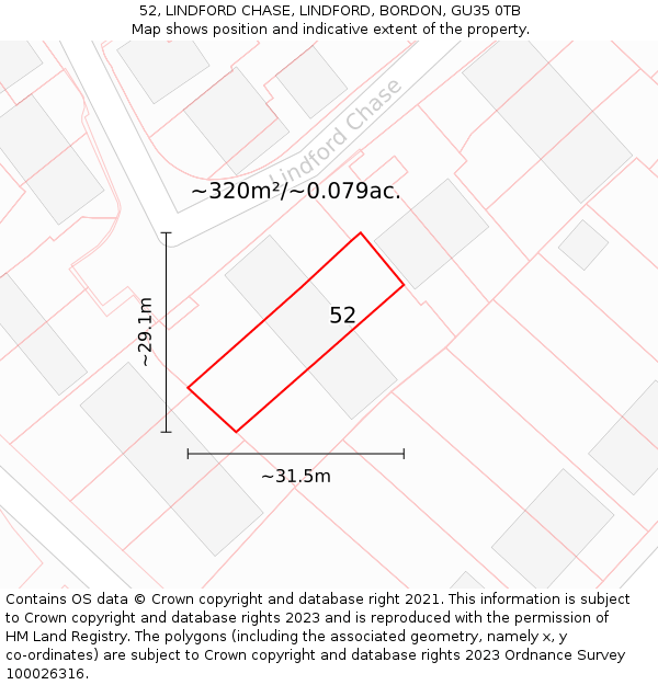 52, LINDFORD CHASE, LINDFORD, BORDON, GU35 0TB: Plot and title map