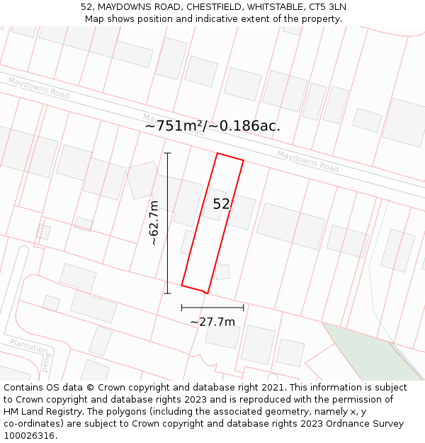 52, MAYDOWNS ROAD, CHESTFIELD, WHITSTABLE, CT5 3LN: Plot and title map