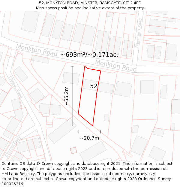 52, MONKTON ROAD, MINSTER, RAMSGATE, CT12 4ED: Plot and title map