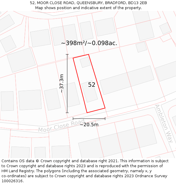 52, MOOR CLOSE ROAD, QUEENSBURY, BRADFORD, BD13 2EB: Plot and title map