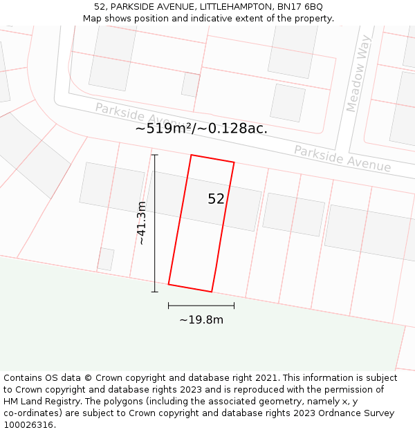 52, PARKSIDE AVENUE, LITTLEHAMPTON, BN17 6BQ: Plot and title map