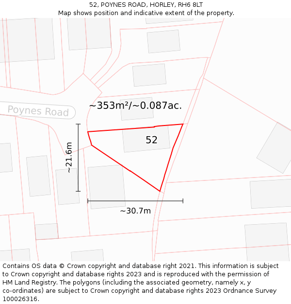 52, POYNES ROAD, HORLEY, RH6 8LT: Plot and title map