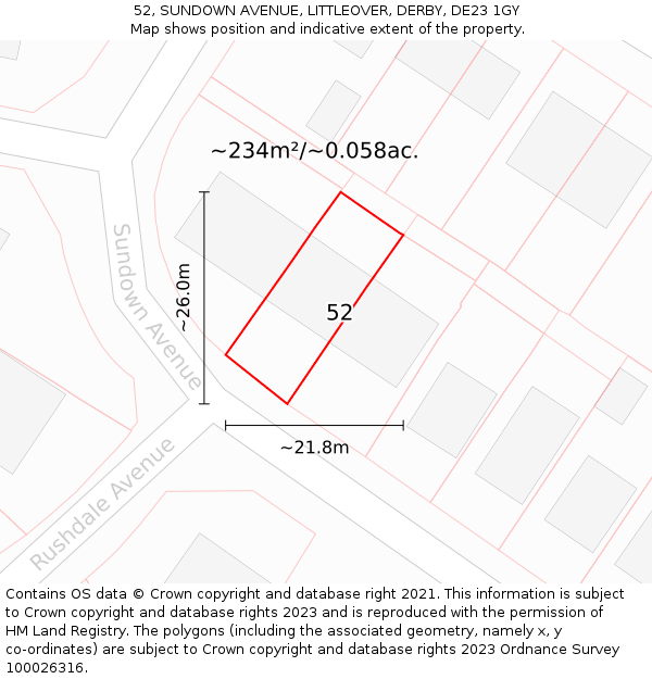 52, SUNDOWN AVENUE, LITTLEOVER, DERBY, DE23 1GY: Plot and title map