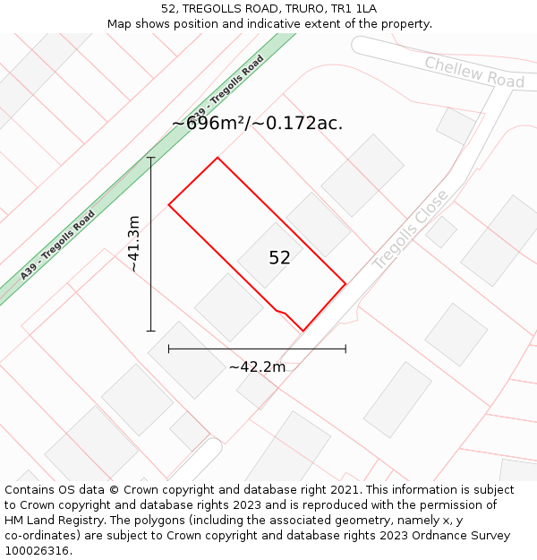 52, TREGOLLS ROAD, TRURO, TR1 1LA: Plot and title map