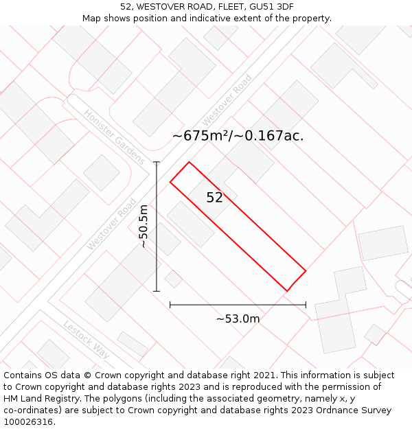 52, WESTOVER ROAD, FLEET, GU51 3DF: Plot and title map