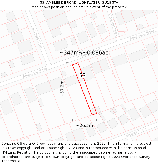 53, AMBLESIDE ROAD, LIGHTWATER, GU18 5TA: Plot and title map