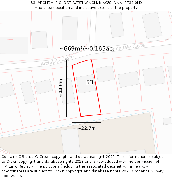 53, ARCHDALE CLOSE, WEST WINCH, KING'S LYNN, PE33 0LD: Plot and title map