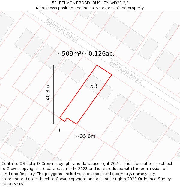 53, BELMONT ROAD, BUSHEY, WD23 2JR: Plot and title map