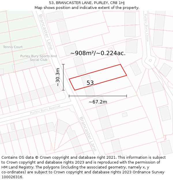 53, BRANCASTER LANE, PURLEY, CR8 1HJ: Plot and title map