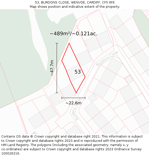 53, BURDONS CLOSE, WENVOE, CARDIFF, CF5 6FE: Plot and title map