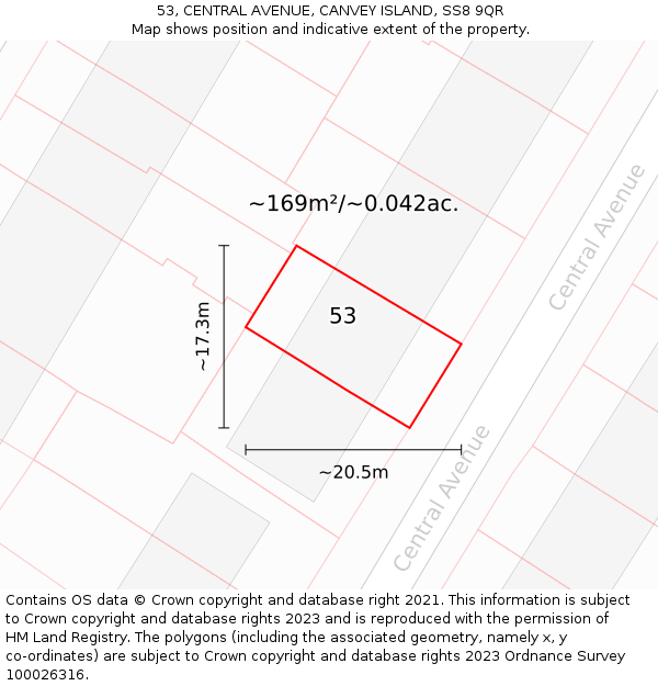 53, CENTRAL AVENUE, CANVEY ISLAND, SS8 9QR: Plot and title map