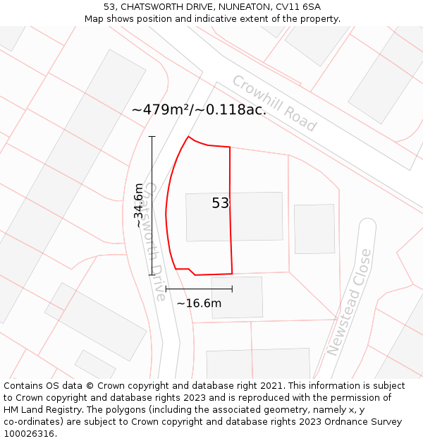 53, CHATSWORTH DRIVE, NUNEATON, CV11 6SA: Plot and title map