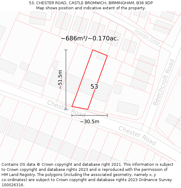 53, CHESTER ROAD, CASTLE BROMWICH, BIRMINGHAM, B36 9DP: Plot and title map