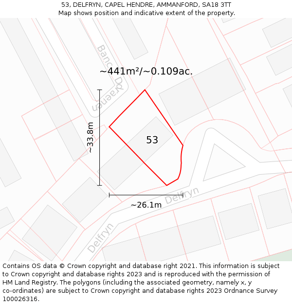 53, DELFRYN, CAPEL HENDRE, AMMANFORD, SA18 3TT: Plot and title map