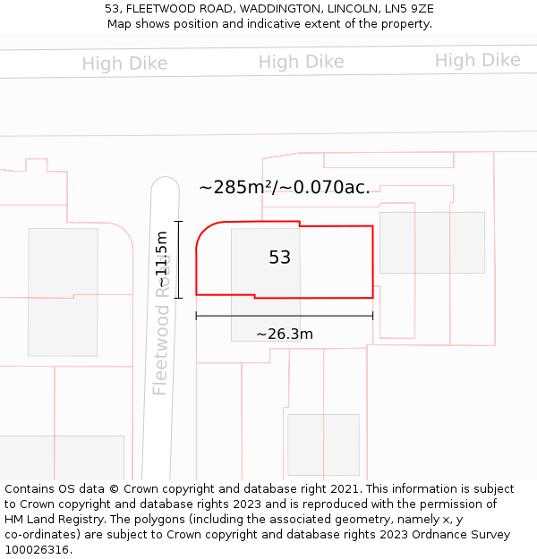 53, FLEETWOOD ROAD, WADDINGTON, LINCOLN, LN5 9ZE: Plot and title map