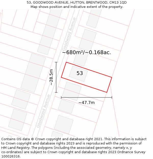 53, GOODWOOD AVENUE, HUTTON, BRENTWOOD, CM13 1QD: Plot and title map