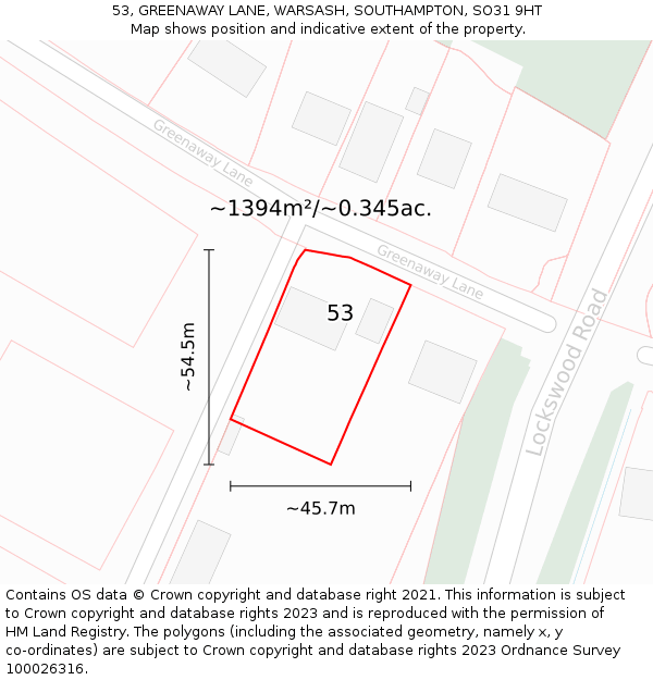 53, GREENAWAY LANE, WARSASH, SOUTHAMPTON, SO31 9HT: Plot and title map