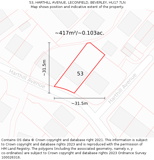 53, HARTHILL AVENUE, LECONFIELD, BEVERLEY, HU17 7LN: Plot and title map