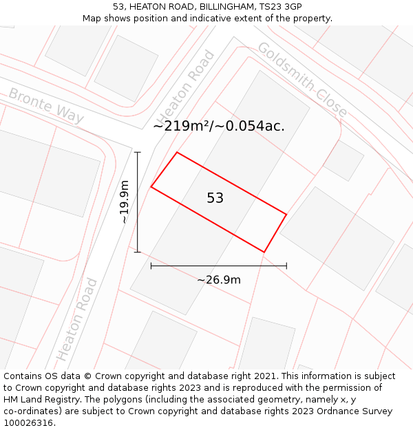 53, HEATON ROAD, BILLINGHAM, TS23 3GP: Plot and title map