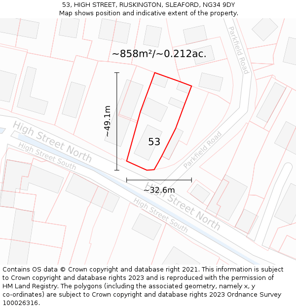 53, HIGH STREET, RUSKINGTON, SLEAFORD, NG34 9DY: Plot and title map