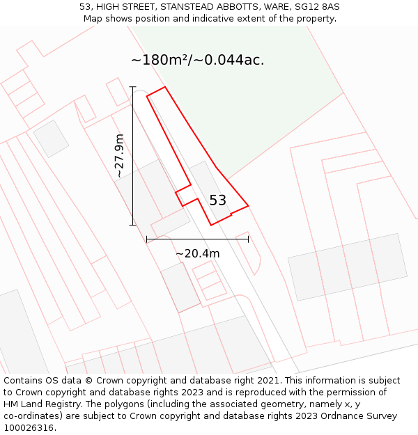 53, HIGH STREET, STANSTEAD ABBOTTS, WARE, SG12 8AS: Plot and title map