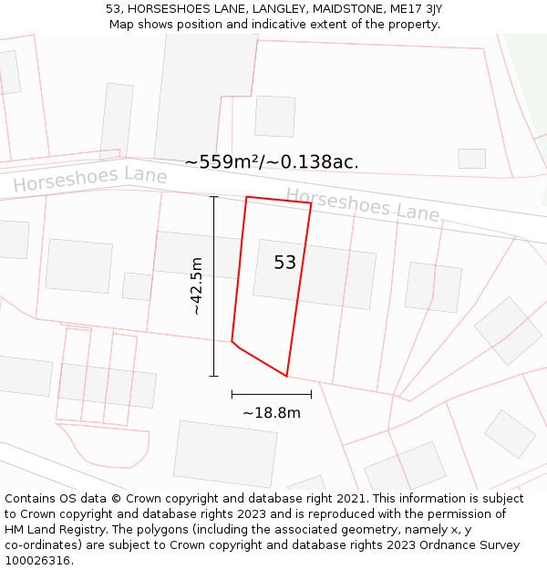 53, HORSESHOES LANE, LANGLEY, MAIDSTONE, ME17 3JY: Plot and title map