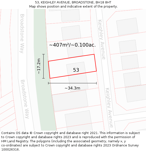 53, KEIGHLEY AVENUE, BROADSTONE, BH18 8HT: Plot and title map