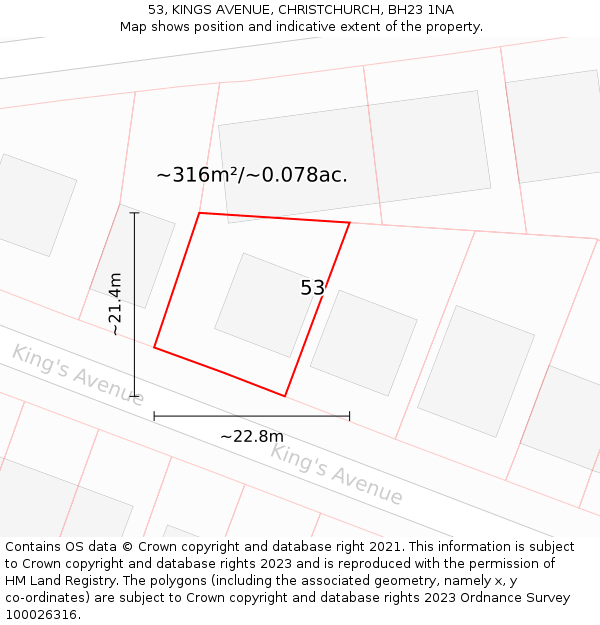 53, KINGS AVENUE, CHRISTCHURCH, BH23 1NA: Plot and title map