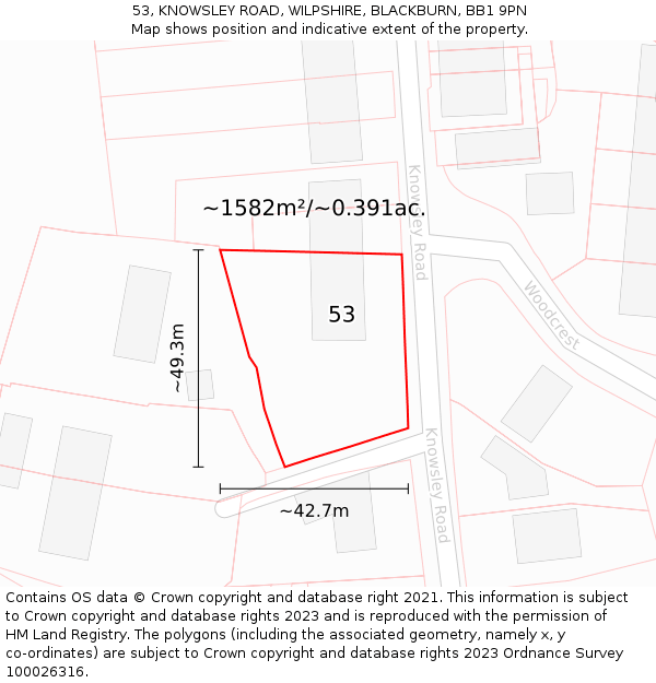 53, KNOWSLEY ROAD, WILPSHIRE, BLACKBURN, BB1 9PN: Plot and title map