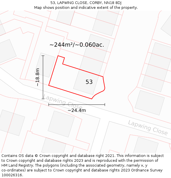 53, LAPWING CLOSE, CORBY, NN18 8DJ: Plot and title map