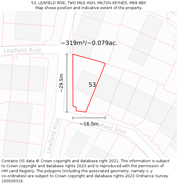 53, LEAFIELD RISE, TWO MILE ASH, MILTON KEYNES, MK8 8BX: Plot and title map