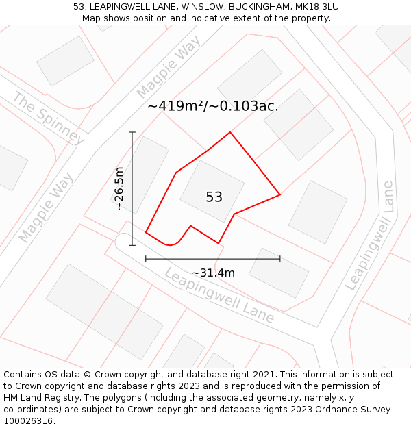 53, LEAPINGWELL LANE, WINSLOW, BUCKINGHAM, MK18 3LU: Plot and title map