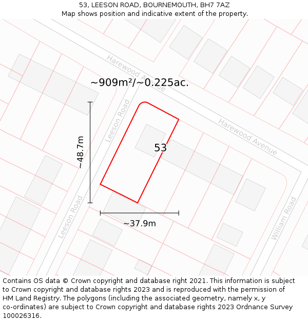 53, LEESON ROAD, BOURNEMOUTH, BH7 7AZ: Plot and title map