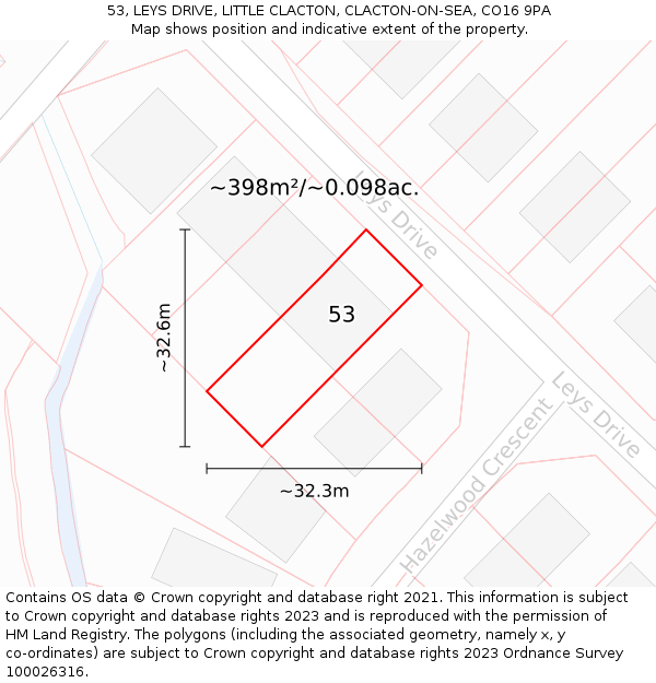 53, LEYS DRIVE, LITTLE CLACTON, CLACTON-ON-SEA, CO16 9PA: Plot and title map