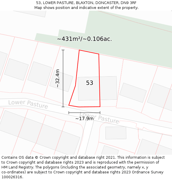 53, LOWER PASTURE, BLAXTON, DONCASTER, DN9 3RF: Plot and title map