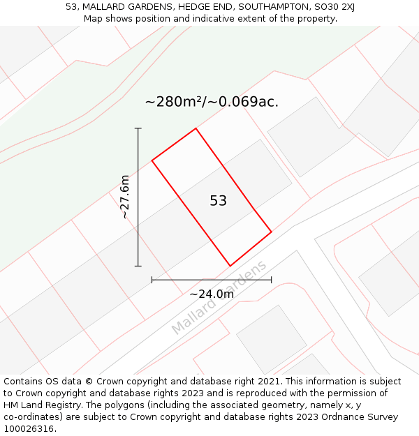 53, MALLARD GARDENS, HEDGE END, SOUTHAMPTON, SO30 2XJ: Plot and title map