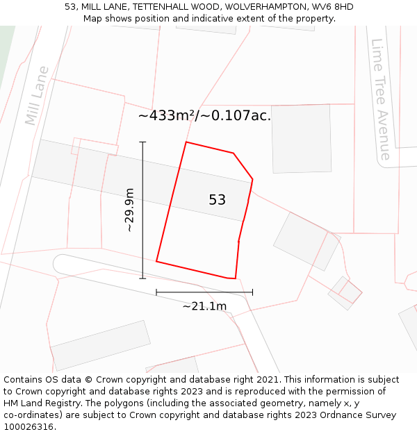 53, MILL LANE, TETTENHALL WOOD, WOLVERHAMPTON, WV6 8HD: Plot and title map