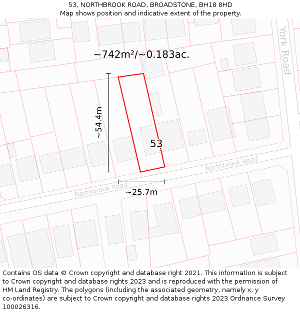 53, NORTHBROOK ROAD, BROADSTONE, BH18 8HD: Plot and title map