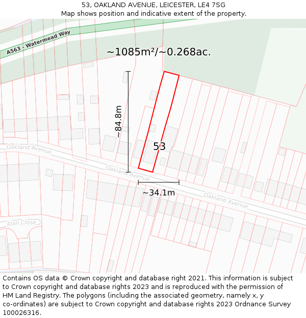 53, OAKLAND AVENUE, LEICESTER, LE4 7SG: Plot and title map