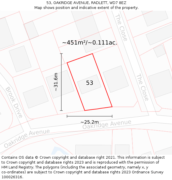 53, OAKRIDGE AVENUE, RADLETT, WD7 8EZ: Plot and title map