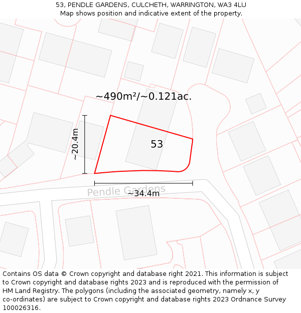 53, PENDLE GARDENS, CULCHETH, WARRINGTON, WA3 4LU: Plot and title map