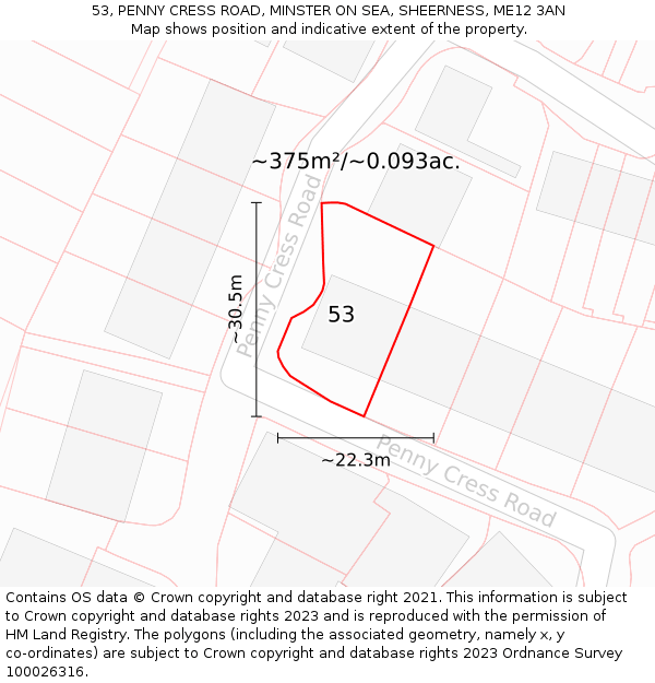 53, PENNY CRESS ROAD, MINSTER ON SEA, SHEERNESS, ME12 3AN: Plot and title map