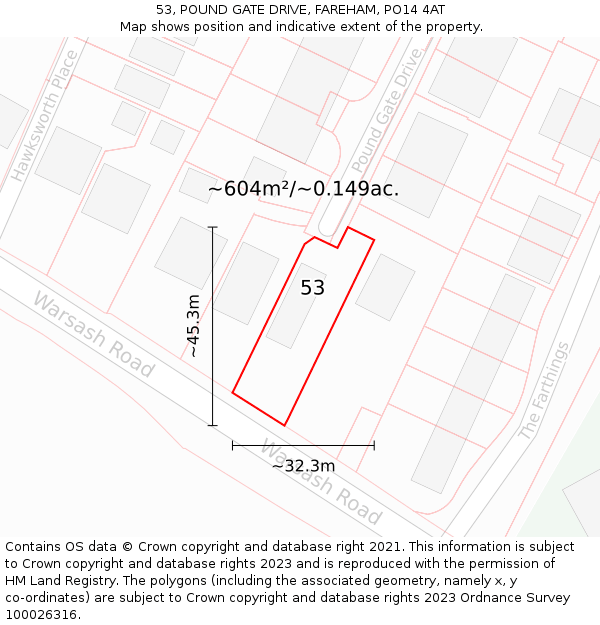 53, POUND GATE DRIVE, FAREHAM, PO14 4AT: Plot and title map